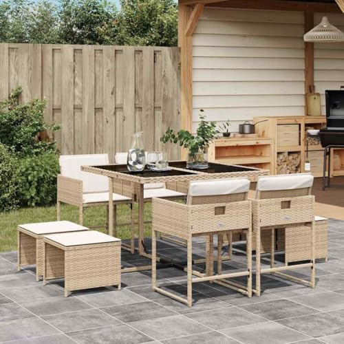 QJBSAVVA 9-TLG. Garten-Essgruppe Beige Poly Rattan 110 x 106 x 73 cm klappbare Stühle & Hocker platzsparender Würfel-Look Outdoor-Sitzgruppe für Balkon Terrasse und kleine Gärten