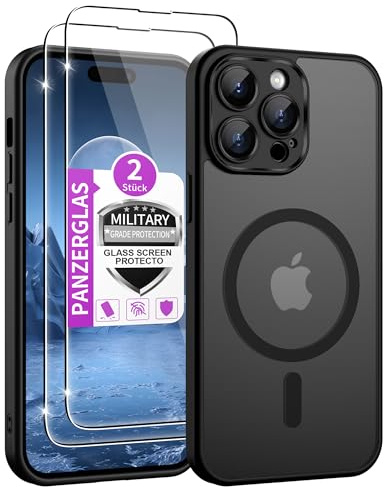 Jshru für iPhone 14 Pro Hülle mit 2 Stück Panzerglas Kompatibel mit Magsafe, Dünn Magnetisch Handyhülle Militärschutz Stoßfest Schutzhülle Matt Transluzent Case für iPhone 14 Pro,Schwarz