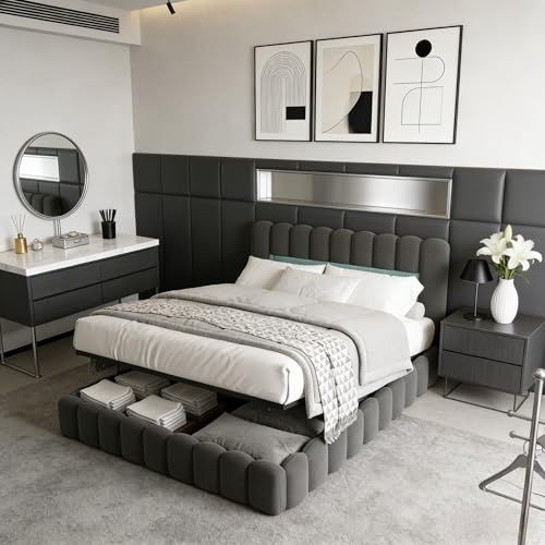 EZSSW Boxspringbett 180x200 cm mit Stauraum, Polsterbett Doppelbett mit Gasdruckfeder, stabilem Metallgestell & Lattenrost, Bettkasten, Webstoff „Tree Stump“ (Grau, 180 x 200 cm)