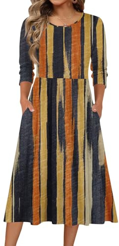 Dresses for Women UK Casual Crewn Neck 3/4 Length Sleeve Elegant Flowy Solid Color Midi Spring Summer Fall Boho A Line Floral Long Dress