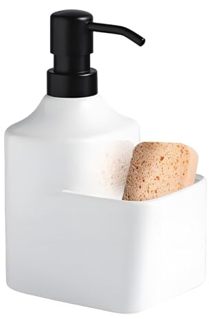Distributeur de liquide Distributeurs de savon comptoir en céramique avec porte-éponge, 2 1 liquide Flacon de savon de comptoir(White With Sponge Holder)