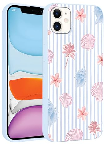 Tivkofk Cute Blue Striped Phone Case for iPhone 11 6.1'', Aesthetic Trendy Floral Coconut Tree Print Pattern Case, Slim Soft Silicone Shockproof Bumper Protective Cover for Girls Women