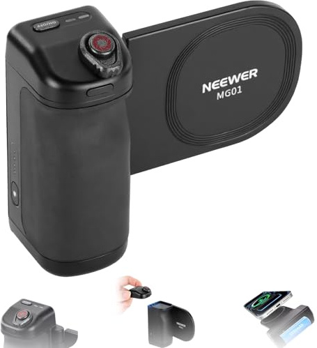 NEEWER Magnetischer Handy Kamera Griff kompatibel mit MagSafe iPhone Samsung kabellosem Laden, ergonomischer Handle Griff Halterung mit 3500mAh Akku und abnehmbarer Fernbedienung für Stativ Mount MG01