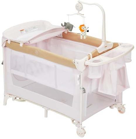4-in-1 Babybett & Beistellbett mit Wickeltisch & Laufstall, Khaki | Reisebett | Inkl. Matratze, Aufbewahrungstasche & Spielzeugbügel | Für Neugeborene bis Kleinkinder