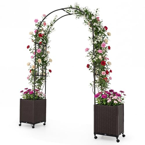 COSTWAY Blumenkasten mit Rankgitter, 230 cm hoch, 2 in 1 Rosenbogen mit 2 Pflanzkästen, Gartenbogen auf Rollen, Metall & PP-Rattan, Rankkasten mit Spalier & Selbstbewässerung für Kletterpflanzen