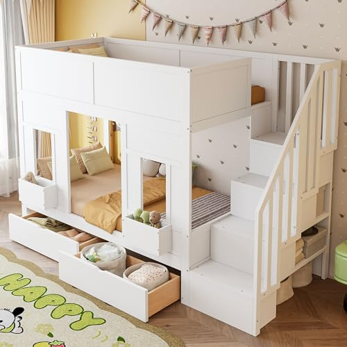 VIVCA Letto a castello con scala e cassetti, 90 x 200 cm, grande letto a soppalco con finestre e contenitori, struttura in legno con ringhiere di sicurezza, letto per bambini salvaspazio, bianco