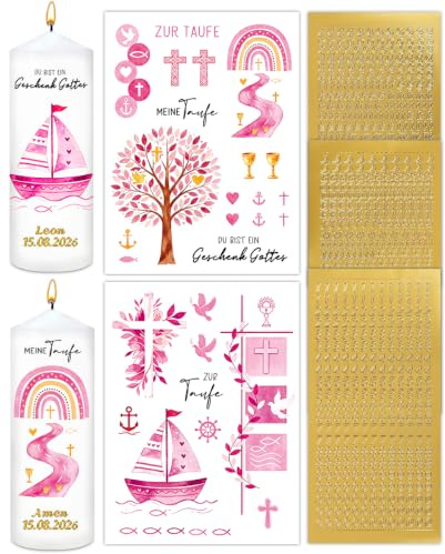 Taufkerze selber machen Set, 5pcs Kerzentattoos Taufe für Taufkerze Mädchen | 2 Blatt Wasserschiebefolien, 2 Blatt Buchstabenaufkleber & 1 Blatt Zahlensticker, Taufkerzen selbst gestalten, Taufe Deko