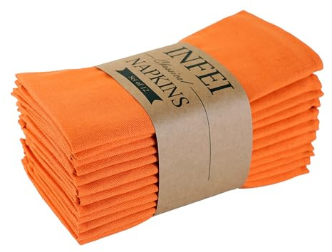 INFEI Solid Color Linen Blended Thin Dinner Fabric Napkins - Set of 12 (40 x 40 cm) - for Thanksgiving Halloween Use (Orange/Fall)