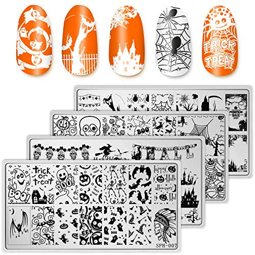 Whaline 4 Pieces Halloween Nail Art Plates Image Stamp Templates Stamping Kit DIY Print Manicure Salon Design