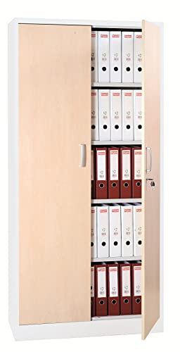 Aktenschrank Stahlschrank Büroschrank mit Dekor-Flügeltüren in Holzoptik, 195x92x42cm, Weiß/Ahorn