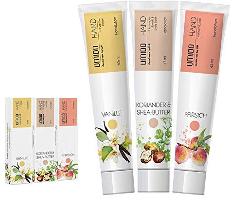UMIDO 3 Stück Set Hand-Lotion Set 45 ml | Vanille | Koriander & Shea-Butter | Pfirsich | Handcreme | Pflegecreme | Hand-Pflege | Handcreme