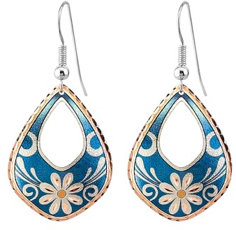Handgefertigter Kupferschmuck, blaue Blumen-Creolen für Damen, Kupfer-Tropfen-Ohrringe, Blumenschmuck (blaue Tropfen), Kupfer, Kein Edelstein