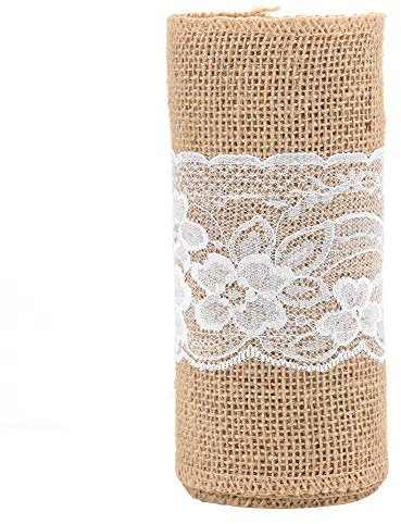 Smandy Tischläufer aus Leinen, 15 x 270 cm, Vintage, Jute rustikal, Rolle mit Spitze für Tischdecke, Nähen, Hochzeit, Stoff, Basteln, Handwerk, Dekoration
