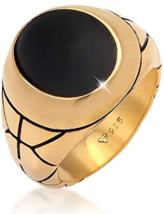 Kuzzoi Siegelring Herrenring oval Emaille schwarz, Ring massiv (13 mm) in 925 Sterling Silber vergoldet, Silberring golden schwarz oxidiert, Ring für Männer in der Ringgröße 60, 0607822220_60