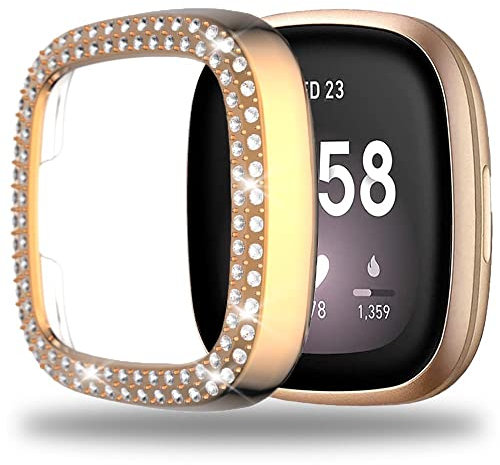 Miimall Kompatibel mit Fitbit Versa 3 Hülle, Strass Glitzer Harter PC Schutzhülle Stoßfest Kratzfest Bling Diamant Rahmen Stoßstange Schutz Case für Fitbit Versa 3 - Rosegold