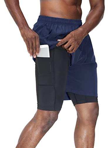 HMIYA Herren 2 in 1 Shorts Fitness Sporthose Kurz Jogginghose Schnelltrocknende Laufhose mit Kompressionsshorts und Taschen Reißverschlussfach(Marine,EU-M/US-S)