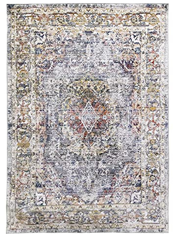 SrS Rugs Vintage Rugs for Living Room, Bedroom, Dining Room, Kitchen Room - Boho Distressed Traditional Faded Ikat Style Multicoloured Design Smooth Soft Low Pile (Grey, 160 x 230 cm)
