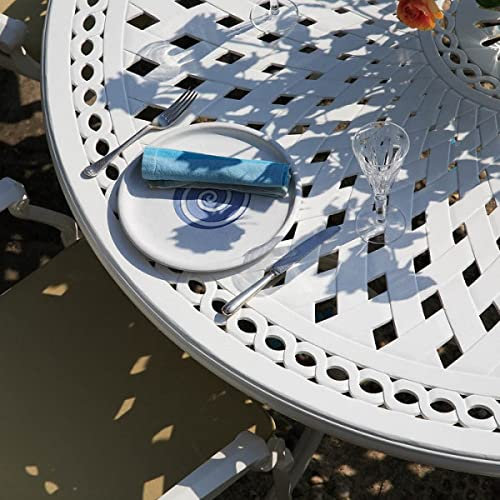 Lazy Susan 150 cm Frances Gartentisch in Weiß mit 6 Emma Stühlen mit blauen Sitzkissen | Nachhaltiges Sandguss-Aluminium | Wetterfest | Rostfrei | Wartungsarm | 3 Jahre Garantie