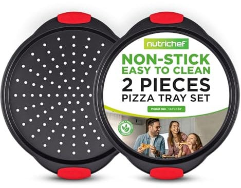 NutriChef 2-Pc. Non Stick Pizza Tray - with Silicone Handle, Round Steel Non-Stick Pan with Perforated Holes, Dishwasher Safe, Pizza Tray with Silicone and Oversized Handle, PFOA, PFOS, PTFE Free