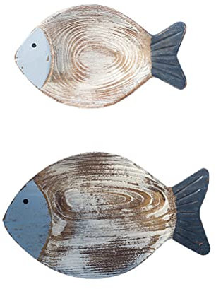 Chiyyak 2 Stück Hängendes Holz Fisch Wandkunst 3D Holz Fisch Skulpturen Wanddekor Hängendes Ornament Strand Thema Dekoration Badezimmer Dekoration