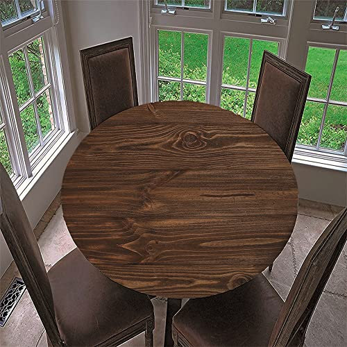 Chickwin Runde Tischdecke Wasserdicht Lotuseffekt Abwaschbar mit Elastische Kante, 3D Holzoptik Muster Runde Tischtuch aus Polyester für Küche, Restaurant, Garten (Dunkelbraun,120cm)