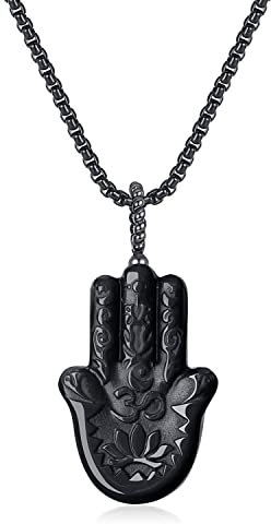 COAI Geschenkideen Unisex Edelstahl Halskette Obsidian Anhänger mit Gravur Hand der Fatima