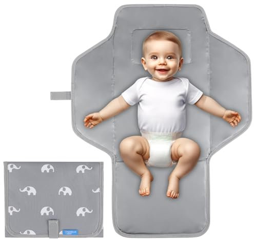 PHOEBUS BABY Portable Changing Mat Travel - Waterproof Compact Diaper Changing Pad with Built-in Pillow - Lightweight & Foldable Changing Station, Newborn Shower Gifts(Cute Elephant)