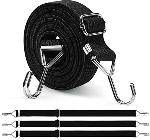 Newthinking 3M Adjustable Bungee Cords with Hooks, 4 Pack Black Heavy Duty Flat Bungee Cords Elastic Straps for Bicycles Camping Rent Luggage Fixing