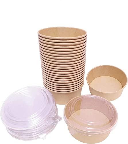 ECONX 1000ml 32oz Paper Salad Container Bowls with Lids | Takeaway Food Boxes Kraft Brown Bio Dishes Soup Cardboard Food Container with Lid Suitable for Diet Salad, Ice Cream, Yogurt Other Foods X 50