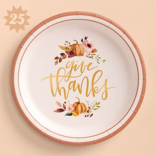 xo, Fetti Thanksgiving Gold Foil Give Thanks Disposable Party Plates - 25 Count | Give Thanks Decorations, Autumn Leaves, Pumpkins, Fall Table Decor