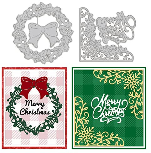 GLOBLELAND Metal Christmas Holly Leaves Wreath Cutting Dies Snowflake Corner Bowknot Die Cuts for Paper Card Making Decoration DIY Scrapbooking Album Craft Decor