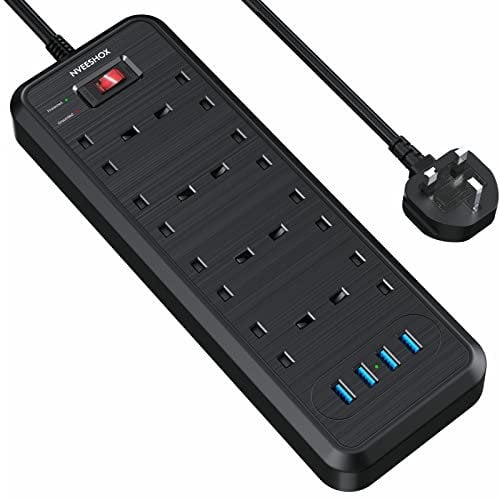 NVEESHOX Extension Lead with 4 USB Slots, 8 Way Multi-Plug with 2M Extension Cord, 3250W Surge Protection Independent Switch Extension Cable, Wall Mounted Smart UK Power Socket for Home Office