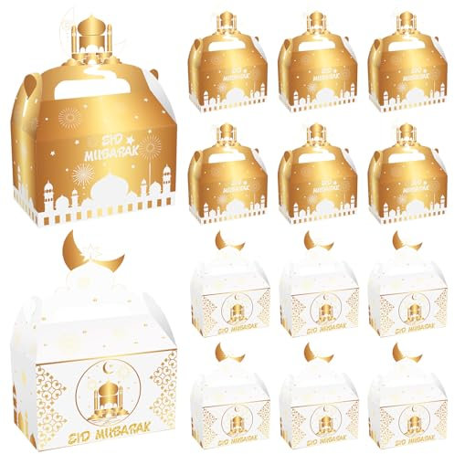 Eid Mubarak Geschenkboxen, 12 Stück Ramadan Geschenkschachteln, Geschenkboxen mit Griff, Eid Mubarak Geschenktüten zum Befüllen Geschenkverpackung für Kinder, für Eid al-Fitr Geschenk Verpackung (A)