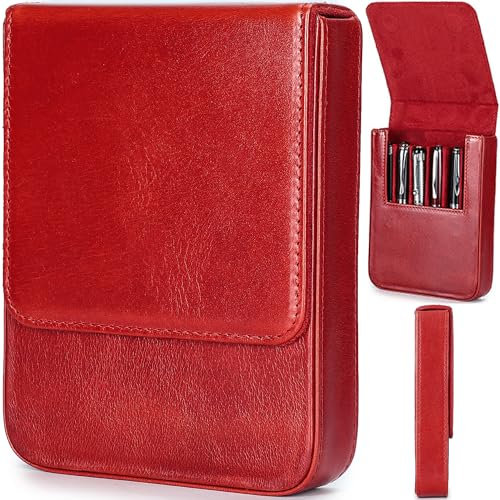 CataPurus Top Grain Genuine Leather 6 Pen/Pencil Tray Case Organizer, Minimalist Fashion Design, Handmade, Magnetic Closure with Drawer Design, Gift Choice for Man/Woman/Office, Glossy Red, 6 Slots