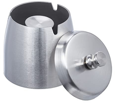 Relaxdays Aschenbecher mit Deckel, draußen & drinnen, HxD 9x7,5 cm, Windaschenbecher Edelstahl, Garten & Balkon, Silber