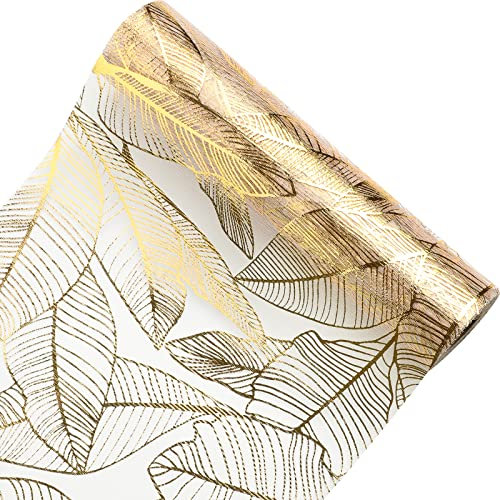 Bekeify Golden Tischläufer 28 cm × 15 m Organza Tischläufer Gold Rolle Tüll Glitzer Metallic Tischdecke Glänzend Vlies Tischband für Hochzeit Silvester Weihnachts Geburtstag Tischdeko Goldblatt Muster