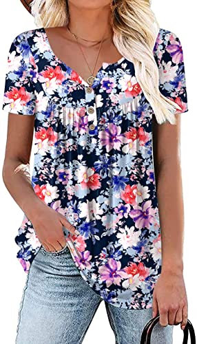 Aodemo Womens Summer Casual Tops Henley Short Sleeve Shirts Loose Fit Tunic Ladies Flowy Blouse 2XL, Mixed Flowers