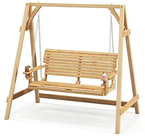 KOMFOTTEU 2 Sitzer Hollywoodschaukel, Gartenschaukel aus Holz, Hängebank mit verstellbaren Metallketten & Getränkehalter, Schaukelbank bis 240 kg belastbar für Terrasse Garten Hinterhof, Natur
