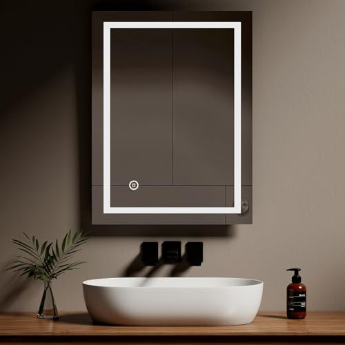 EMKE Illuminated Led Bathroom Mirror with Shaver Socket, 800 x 600mm Bathroom Mirror with Fuse, Demister Pad, Wall-Mounted Vanity Smart Mirror, Energy-Saving Mirror [Horizontal/Vertical]