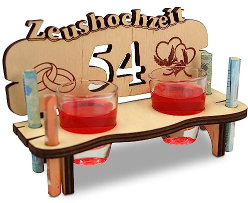Urhome Hochzeit Schnapsbank aus Holz und 2 Schnapsgläser - 54. Hochzeitstag zur Zeushochzeit - Hochzeitsbank mit Gläser zum Jubiläum Jahrestag - Hochzeitsgeschenk für Brautpaar
