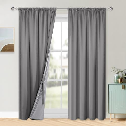 XWZO 100% Blickdichte Vorhänge Wohnzimmer, Vorhänge mit Kräuselband, Gardinen Schlafzimmer, Doppellagige Dicke Verdunklungsvorhänge Thermovorhang Kälteschutz, 245x140 cm(HxB) Grau 2er Set