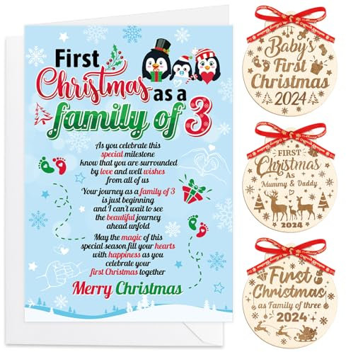 HOWAF 3 First Christmas As Mummy and Daddy Decoration Bauble, Baby First Christmas Ornament 2024 Baby's First Christmas Baubles Wood Christmas Tree Baubles Gifts for Christmas Tree Decorations
