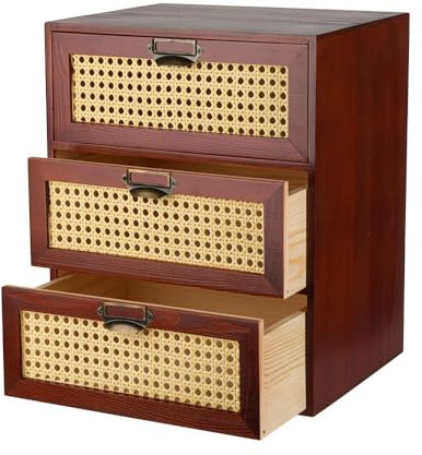 GoooodGift Große Aufbewahrungsbox aus Holz, Holzschubladen, Apothekerschrank, Apothekerschubladen, Boho-Schrank, Rattan-Aufbewahrungsschrank, Rattan-Nachttisch mit Schublade, groß, Braun