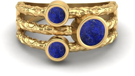 MOONEYE 0,70 Ctw-Runde Lapis Ring mit geteiltem Schaft, gehämmertes geteiltes Band, 925er-Sterlingsilber, Trio-Stein-Ring Gold Vermeil, 52