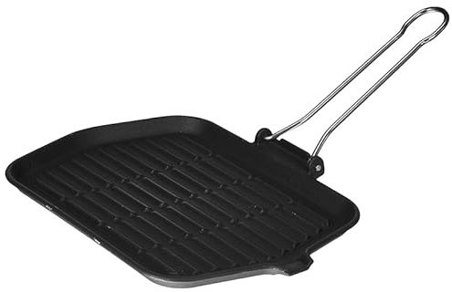 VIRSUS Bistecchiera Rettangolare in Ghisa 205, Misura 23x36 cm, colore Nero, Ghisa Smaltata per Piastra Induzione, Manico Pieghevole, Grill Antiaderente per Carne, Pesce e Verdure