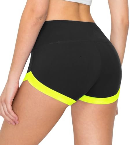 ALWAYS Damen-Workout-Yoga-Shorts, hochwertig, weich, solide, Stretch, Cheerleader, Laufen, Tanzen, Volleyball, kurze Hose, Sho2228 / Black Neonlime, X-Groß