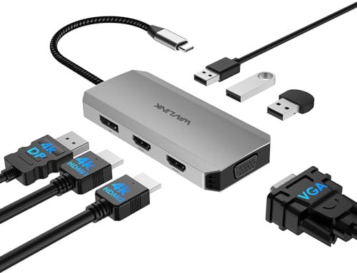 Docking Station USB C para MacBook DELL XPS 13/15, Lenovo Yoga, HP Portátiles, WAVLINK Dock Station USB C para Windows, con Dual HDMI, Displayport, VGA, 3 Puertos USB 2.0, Gris