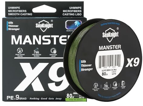 Seaknight X9 9 Strands Braided Lines 500M Smooth PE Braid Multifilament Wire Carp Fishing Lines Double Coating UV-proof Saltwater-proof Fishing Line for Sea Fishing 17-80LB