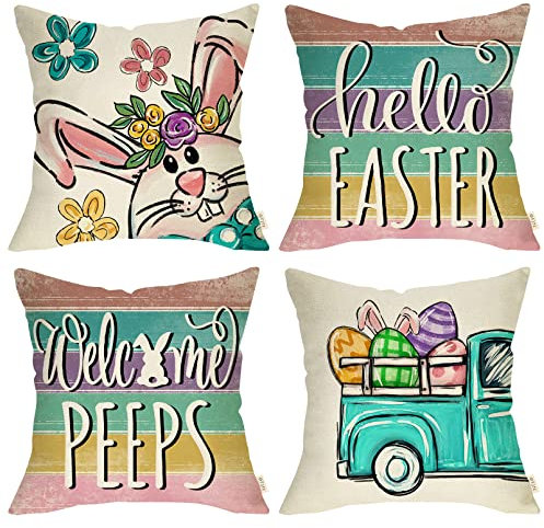 Hello Easter Bunny Eggs Truck dekorative Wurfkissenbezüge 50,8 x 50,8 cm, Frühlings-Willkommens-Peeps, Retro, Veranda, Outdoor, Heimdekoration, Blumenmuster, Bauernhaus-Streifen, Urlaub, Sofa, Couch