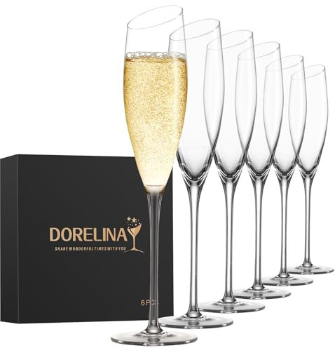 Champagne Flutes Set of 6 - Hand Blown Crystal Champagne Glasses, 6.7oz Slanted Champagne glasses, Unique Gift for Birthday,Wedding, Anniversary